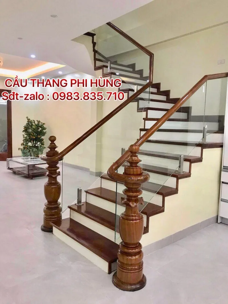 Cầu Thang Gỗ Kính Cường Lực Đẹp . Cầu Thang Lan Can Kính Tay Vịn Gỗ