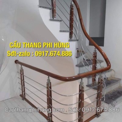 Các mẫu cầu thang inox gỗ đẹp, Cầu thang lan can inox tay vịn gỗ tại Hà Nội