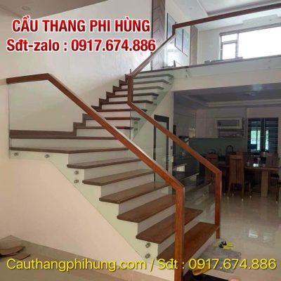 Cầu Thang Gỗ Kính Đẹp . Cầu Thang Kính Tay Vịn Gỗ