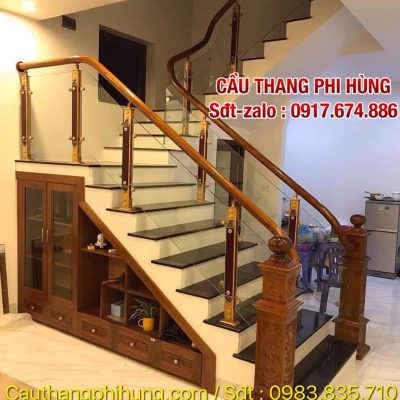 CẦU THANG KÍNH ĐẸP TAY VỊN GỖ . CẦU THANG LAN CAN KÍNH TẠI HÀ NỘI